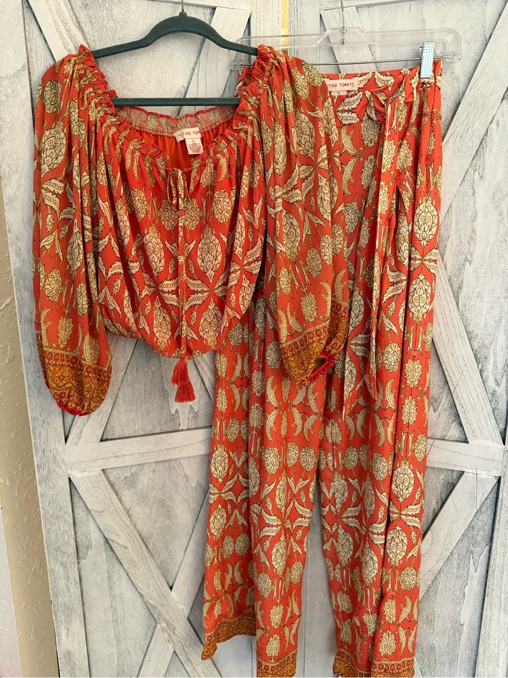 Anthropologie Red & Gold Printed Two-Piece Pajama Set